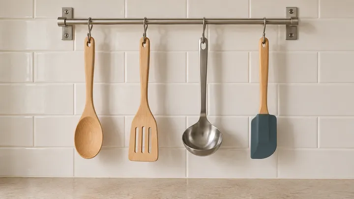 Cucharas, espátulas y cucharón colgados de una barra de pared