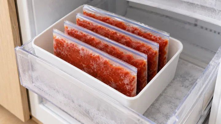 Bolsas planas de alimento congelado colocadas verticalmente en una bandeja