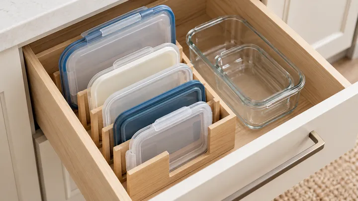 Tapas colocadas verticalmente junto a recipientes de vidrio en un cajón