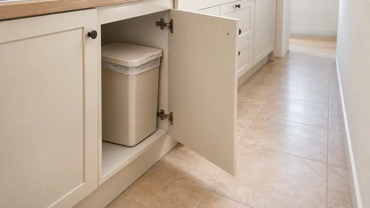 Puerta de armario abierta con cubo de basura en su interior