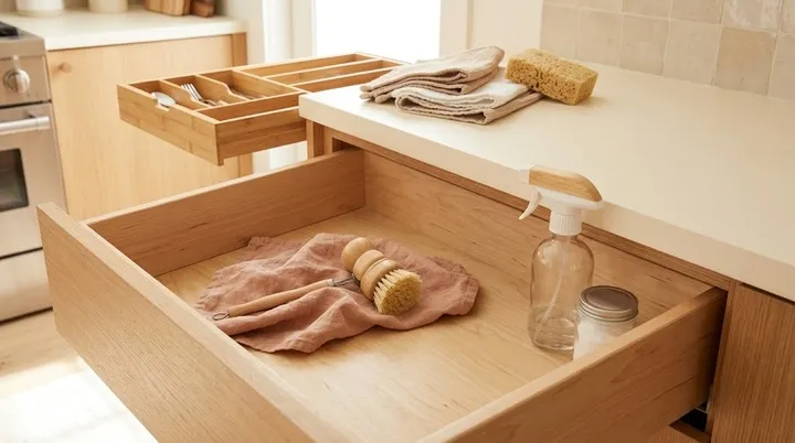 Interior de un cajón vacío con paño y cepillo