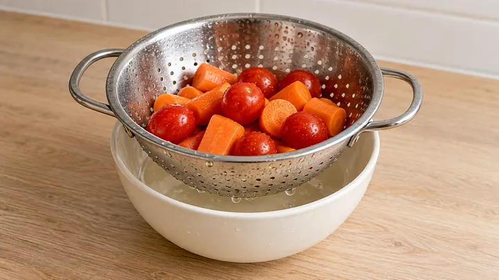 Colador metálico con verduras lavadas apoyado sobre un bol