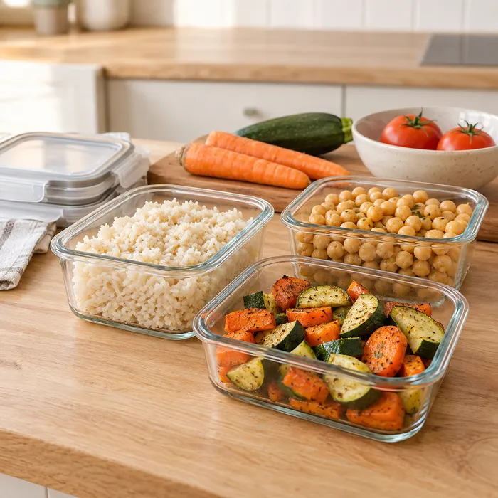Recipientes con arroz, garbanzos y verduras preparados para varias comidas
