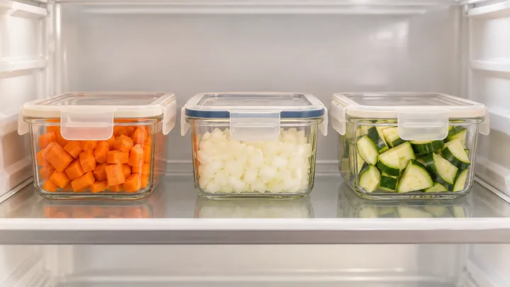 Recipientes con verduras cortadas en una balda de la nevera