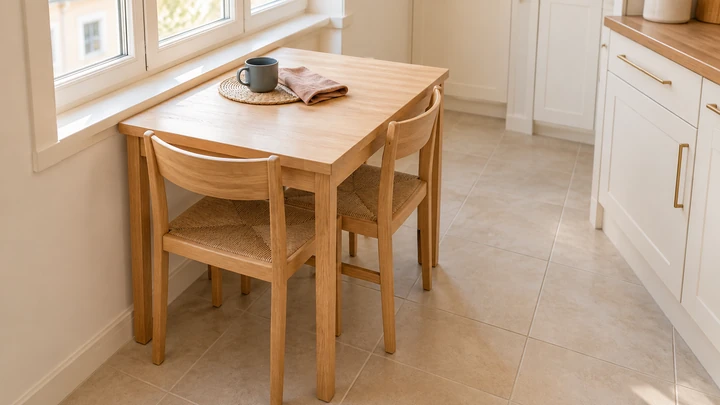 Mesa y silla con espacio de paso junto a los muebles de cocina