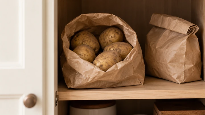Patatas guardadas en una bolsa de papel abierta