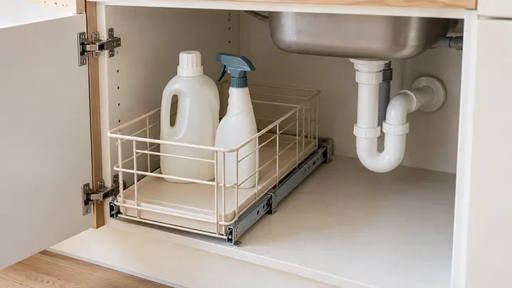Cesta extraíble con productos de limpieza junto a las tuberías