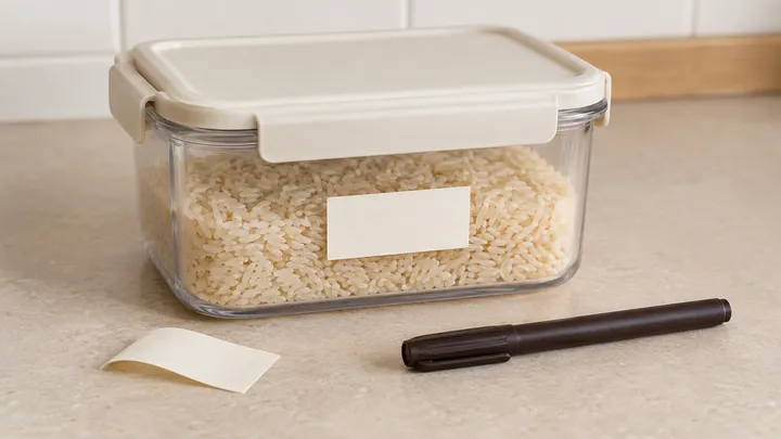 Recipiente de arroz con etiqueta en blanco junto a un rotulador