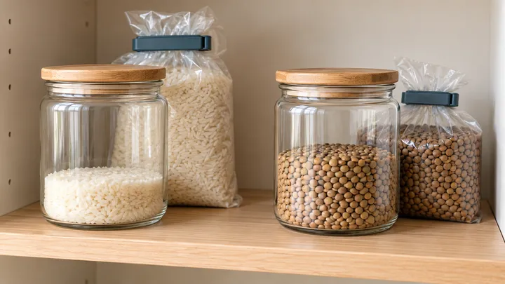 Tarros de arroz y garbanzos junto a paquetes de pasta en un armario
