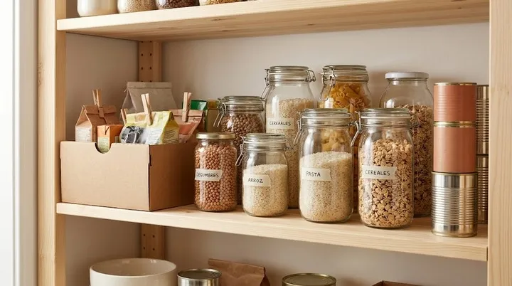 Alimentos agrupados en tarros y una caja de cartón reutilizada