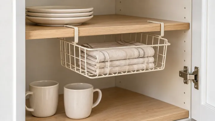 Cesta colgante bajo una balda con paños doblados