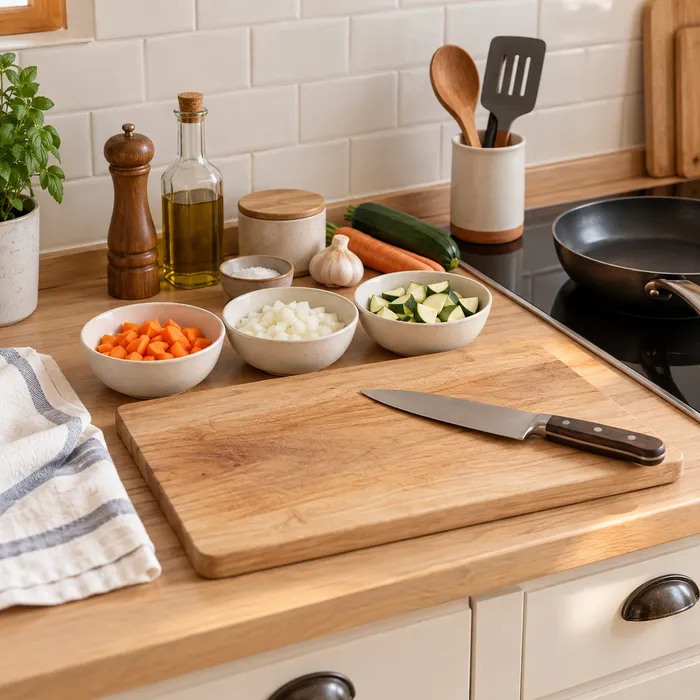 Verduras y utensilios preparados sobre la encimera antes de cocinar