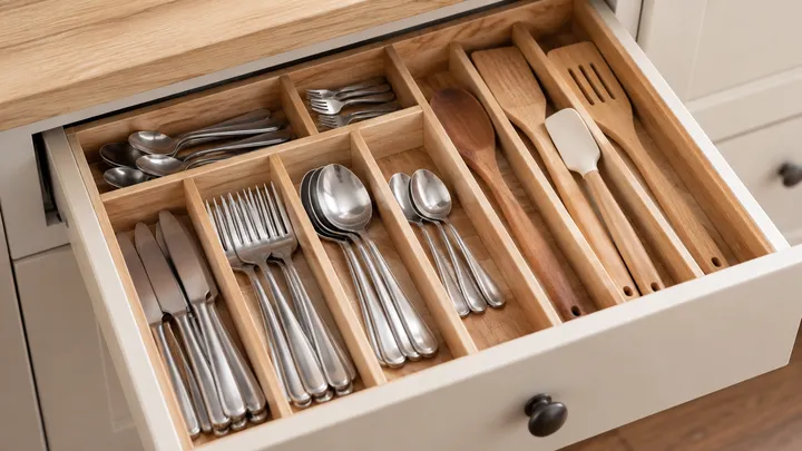 Cajón con separadores de madera para cubiertos y utensilios