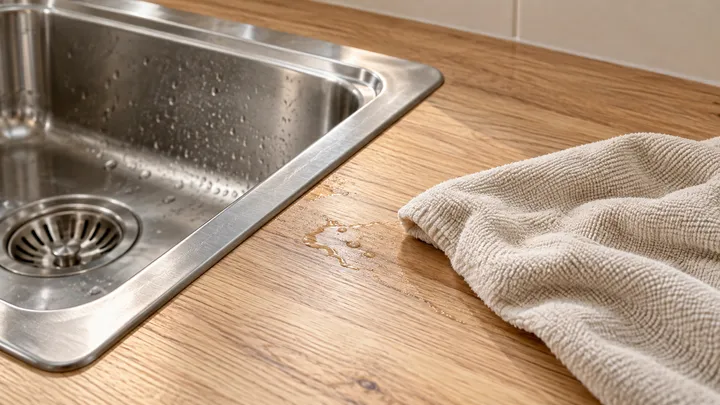 Paño junto a gotas de agua en una encimera de madera