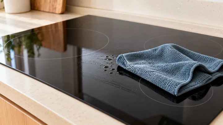 Paño azul sobre una placa de cocción con gotas de agua