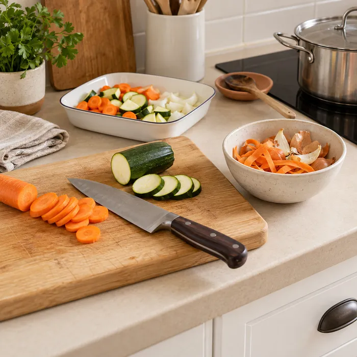 Verduras cortadas y bol para los restos junto a una tabla de cocina