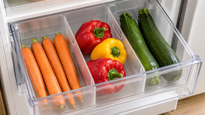 Zanahorias, pimientos y calabacines separados en el cajón de verduras