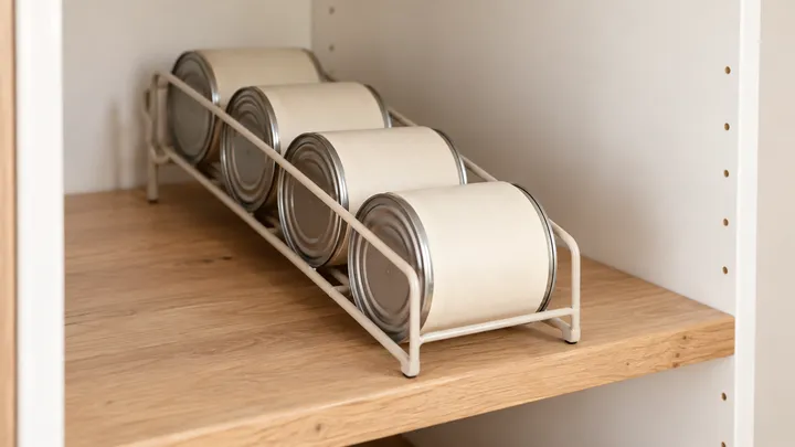 Latas colocadas en un soporte inclinado dentro de un armario