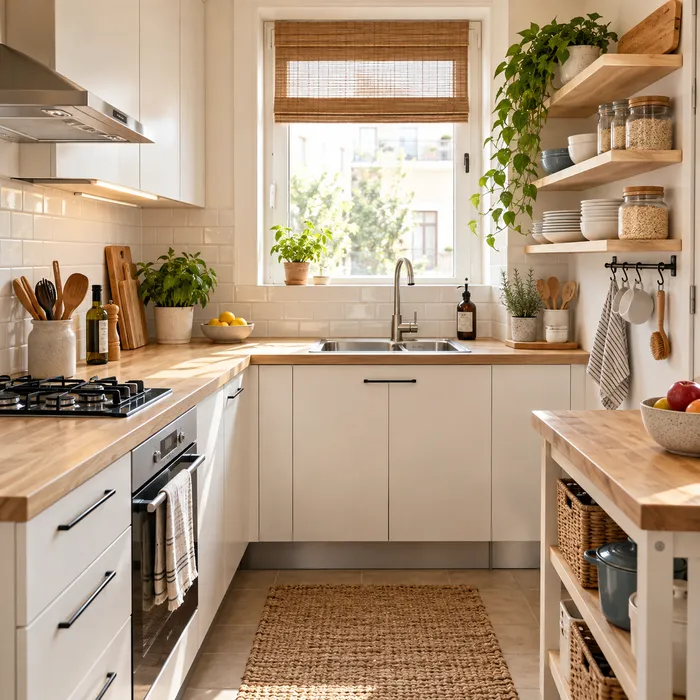 Cocina pequeña en U con muebles claros y encimera despejada