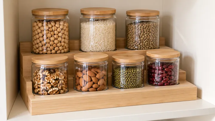 Tarros de alimentos sobre un soporte escalonado de madera